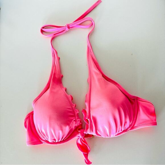 VS VICTORIAS SECRET Pink Ruffle Halter Tie Underwire Plunge Bikini Swim Top 36B - Picture 2 of 11